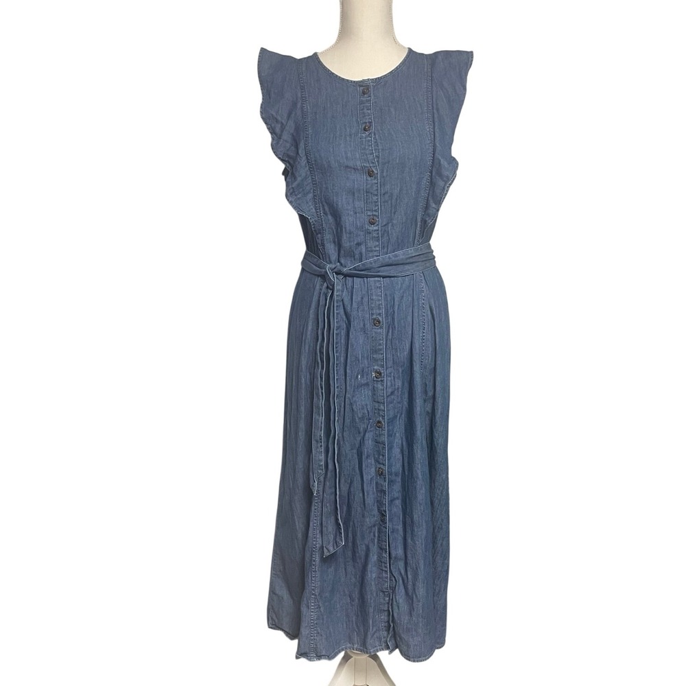 Loft Chambray Ruffle Belted Denim Button-Down Mid… - image 1